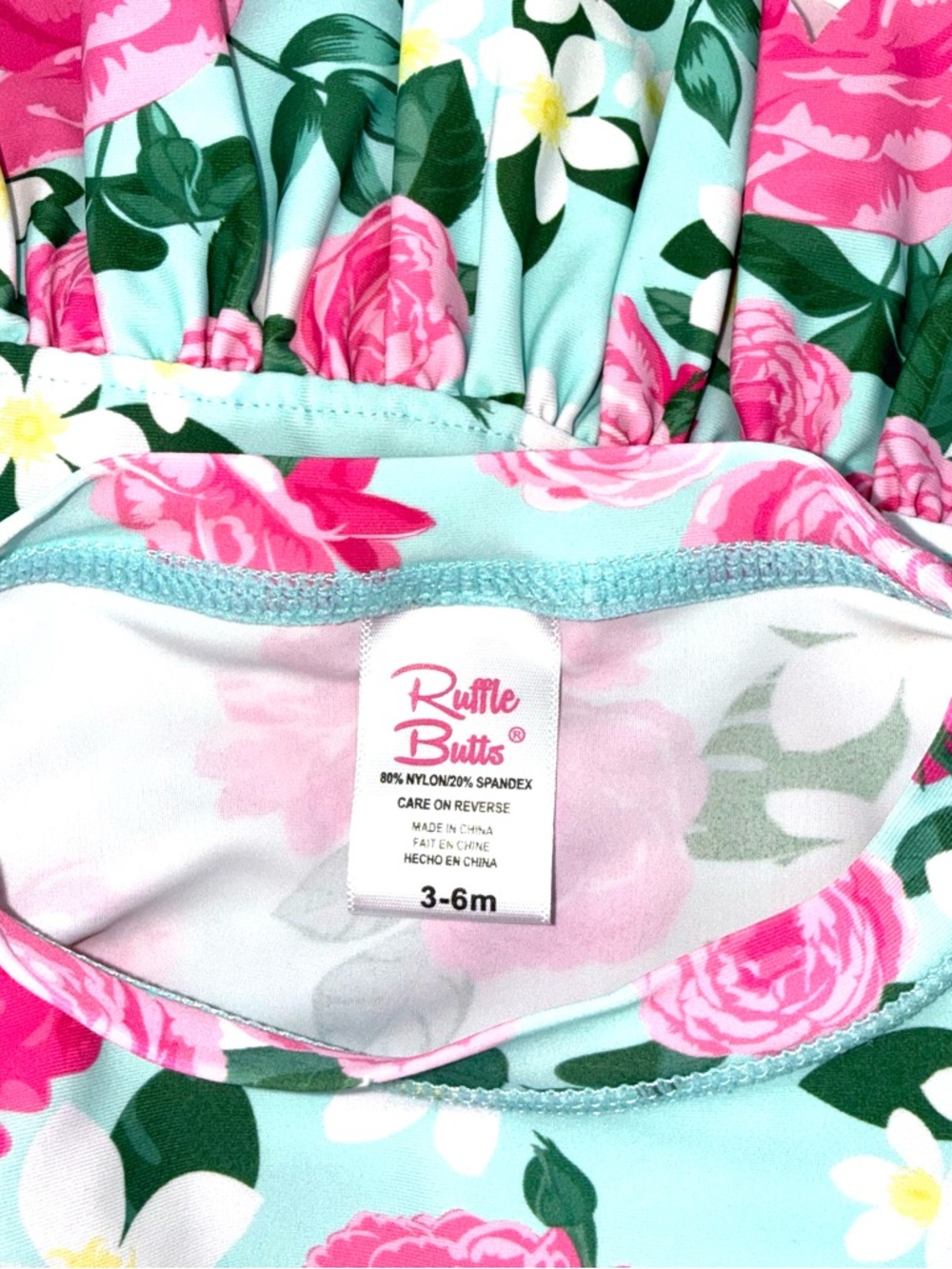 Ruffle Butts Mint Floral Ruffle Baby Girl 2 pc  Swim Set with Pink Roses - Picture 3 of 3